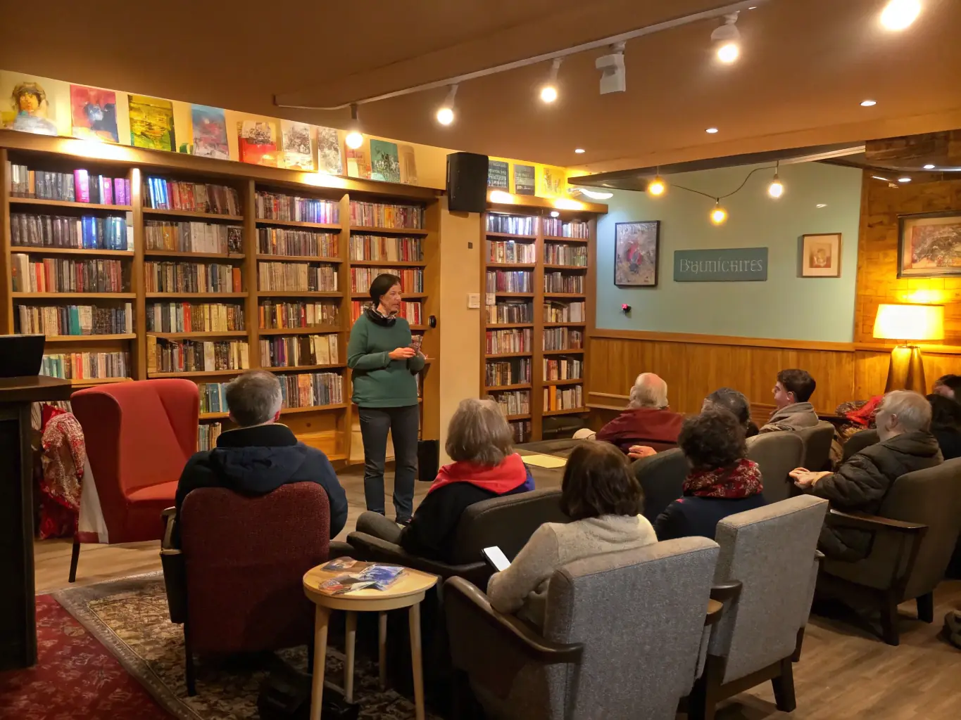 A lively workshop with participants discussing books and engaging in creative writing exercises, set in a cozy library environment.