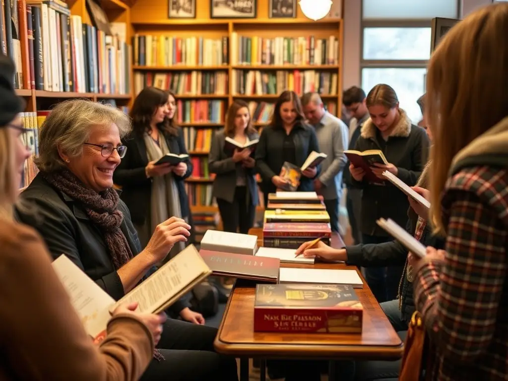 An author reading session with an engaged audience and a signing table, capturing the excitement of meeting a favorite writer.