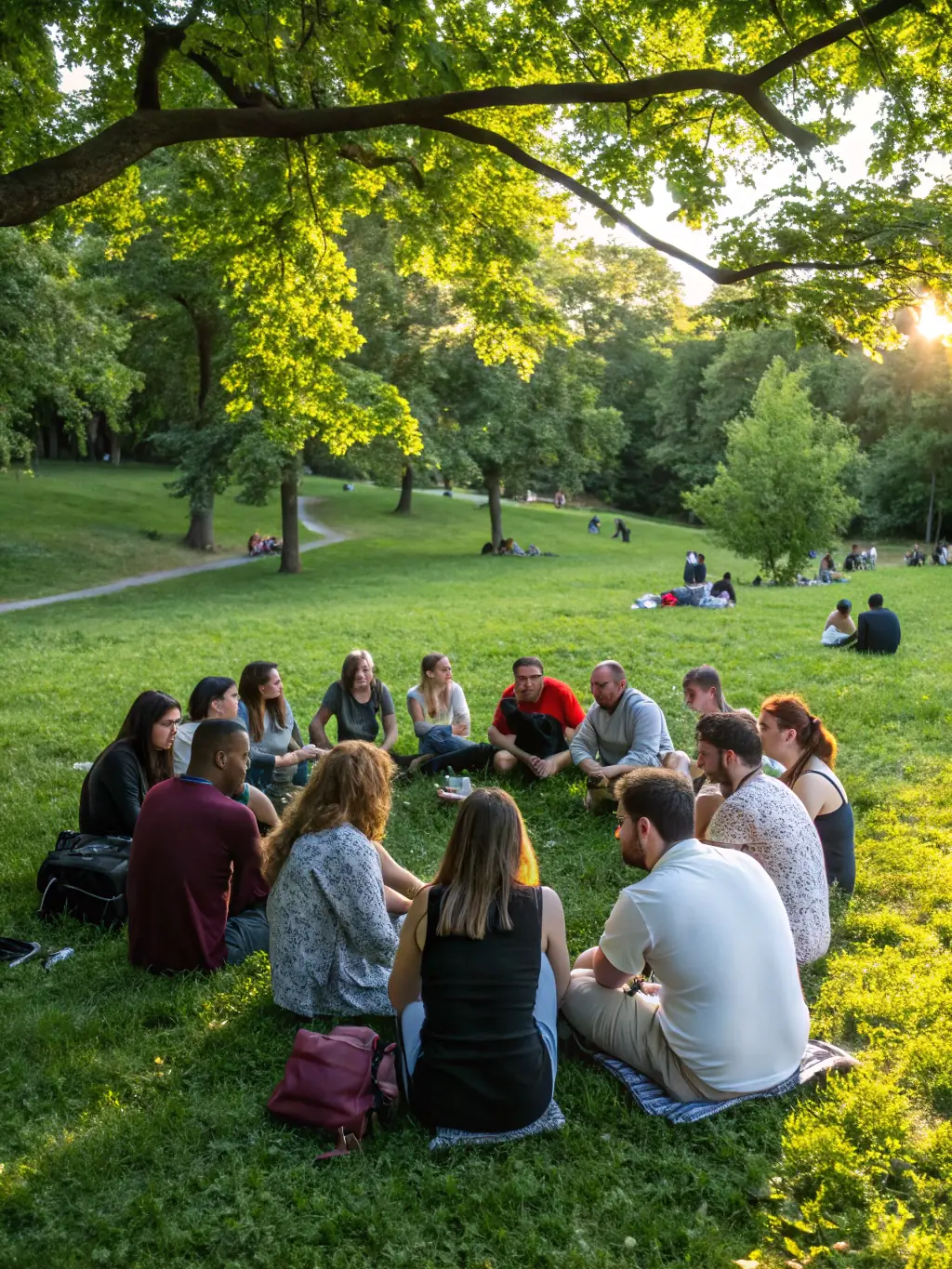 A diverse group of people participating in a community reading program in a park, with blankets, books, and a facilitator leading the discussion.
