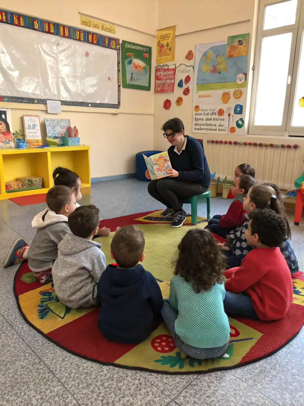Children sitting on a colorful rug in a library, listening attentively to a storyteller reading from a picture book, with bright and engaging illustrations visible.